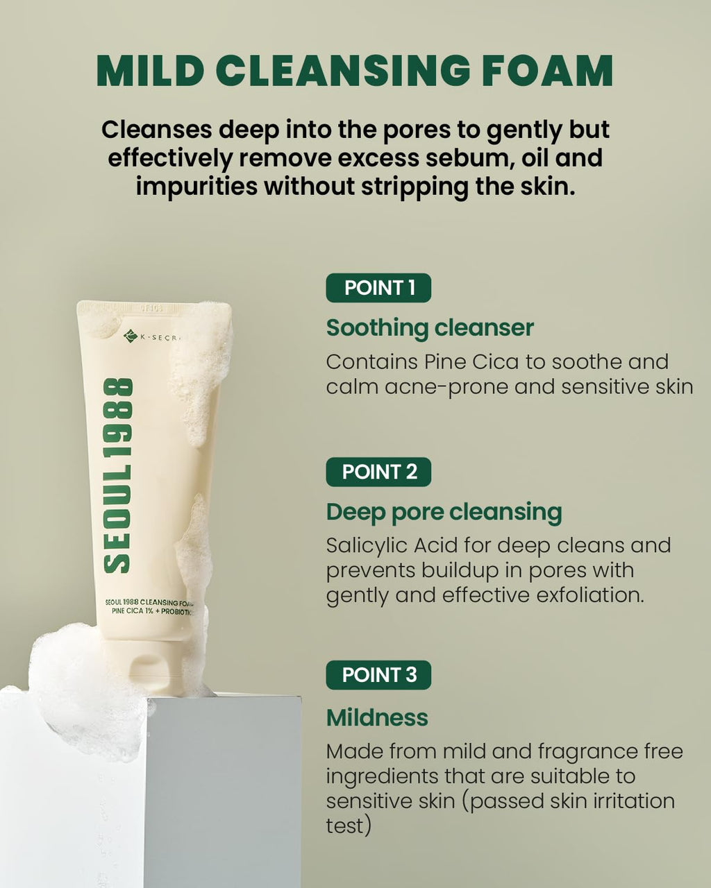 K-Secret Seoul 1988 Cleansing Foam : Pine Cica 1% + Probiotics 150ml