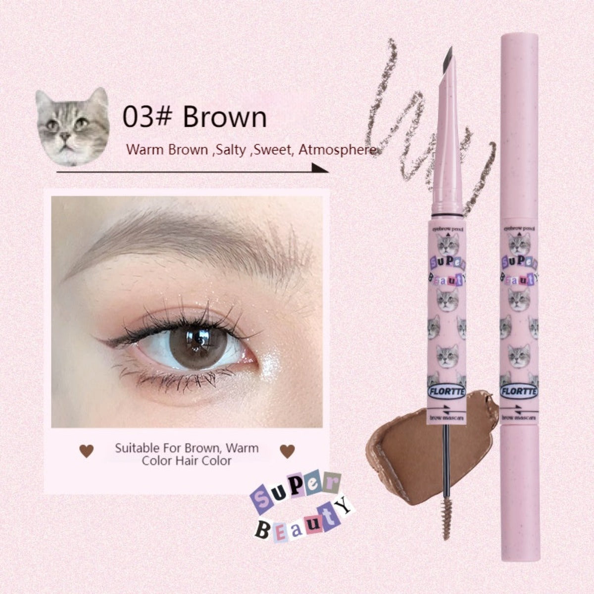 Flortte I Am Super Beauty Eyebrown Pencil and Brown Mascara 180mg+1g